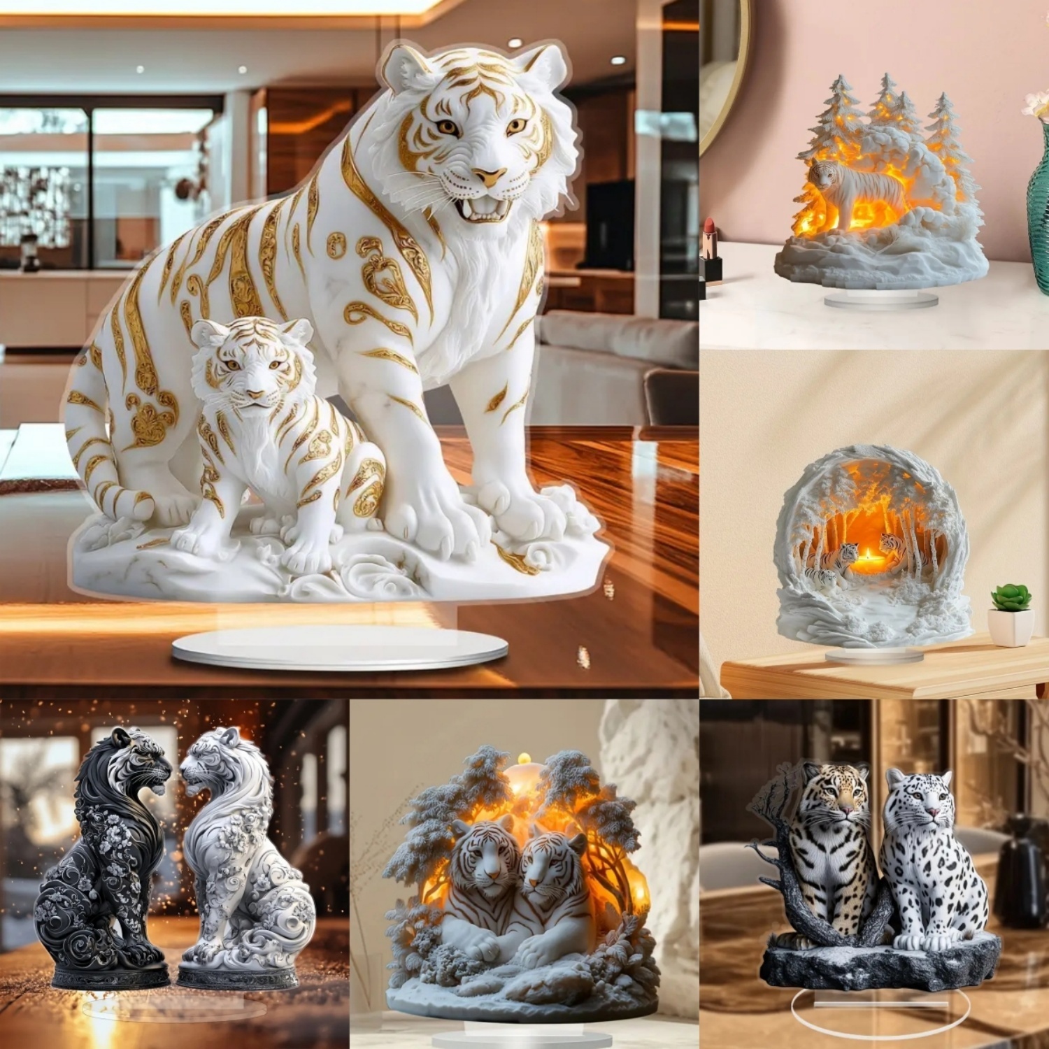 Interior Design Office - Two Tigers Statue,2D Flat Animals Acrylic